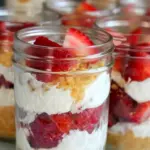 Glass jar of Healthy No-Bake Strawberry Cheesecake showing vanilla cookie crumbs, a pale pink yogurt-cheesecake layer, and fresh strawberry slices on top.