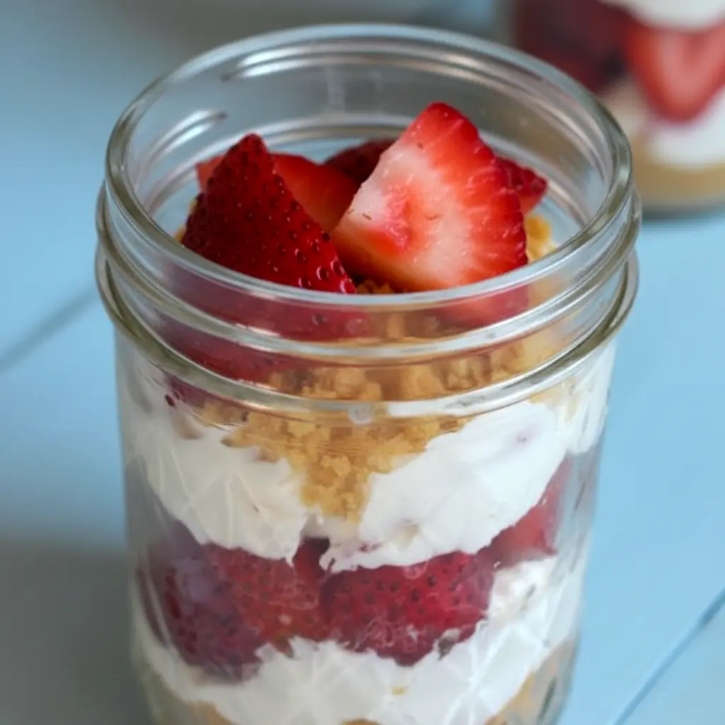 Glass jar of Healthy No-Bake Strawberry Cheesecake showing vanilla cookie crumbs, a pale pink yogurt-cheesecake layer, and fresh strawberry slices on top.