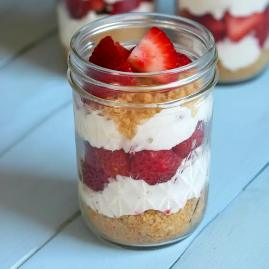 Glass jar of Healthy No-Bake Strawberry Cheesecake showing vanilla cookie crumbs, a pale pink yogurt-cheesecake layer, and fresh strawberry slices on top.