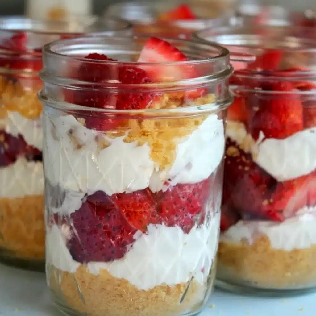 Glass jar of Healthy No-Bake Strawberry Cheesecake showing vanilla cookie crumbs, a pale pink yogurt-cheesecake layer, and fresh strawberry slices on top.