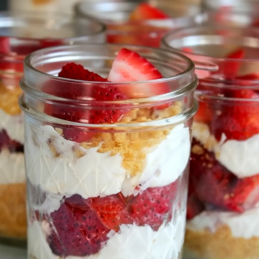 Glass jar of Healthy No-Bake Strawberry Cheesecake showing vanilla cookie crumbs, a pale pink yogurt-cheesecake layer, and fresh strawberry slices on top.