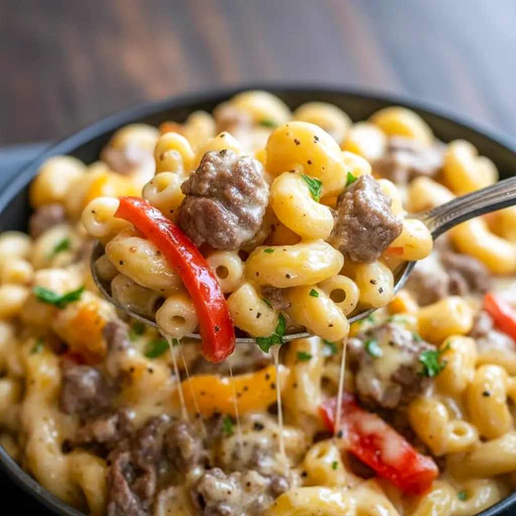 Golden skillet of Philly Cheesesteak Mac & Cheese with melted cheese, peppers, and beef — perfect for Easy Family Meal Prep.