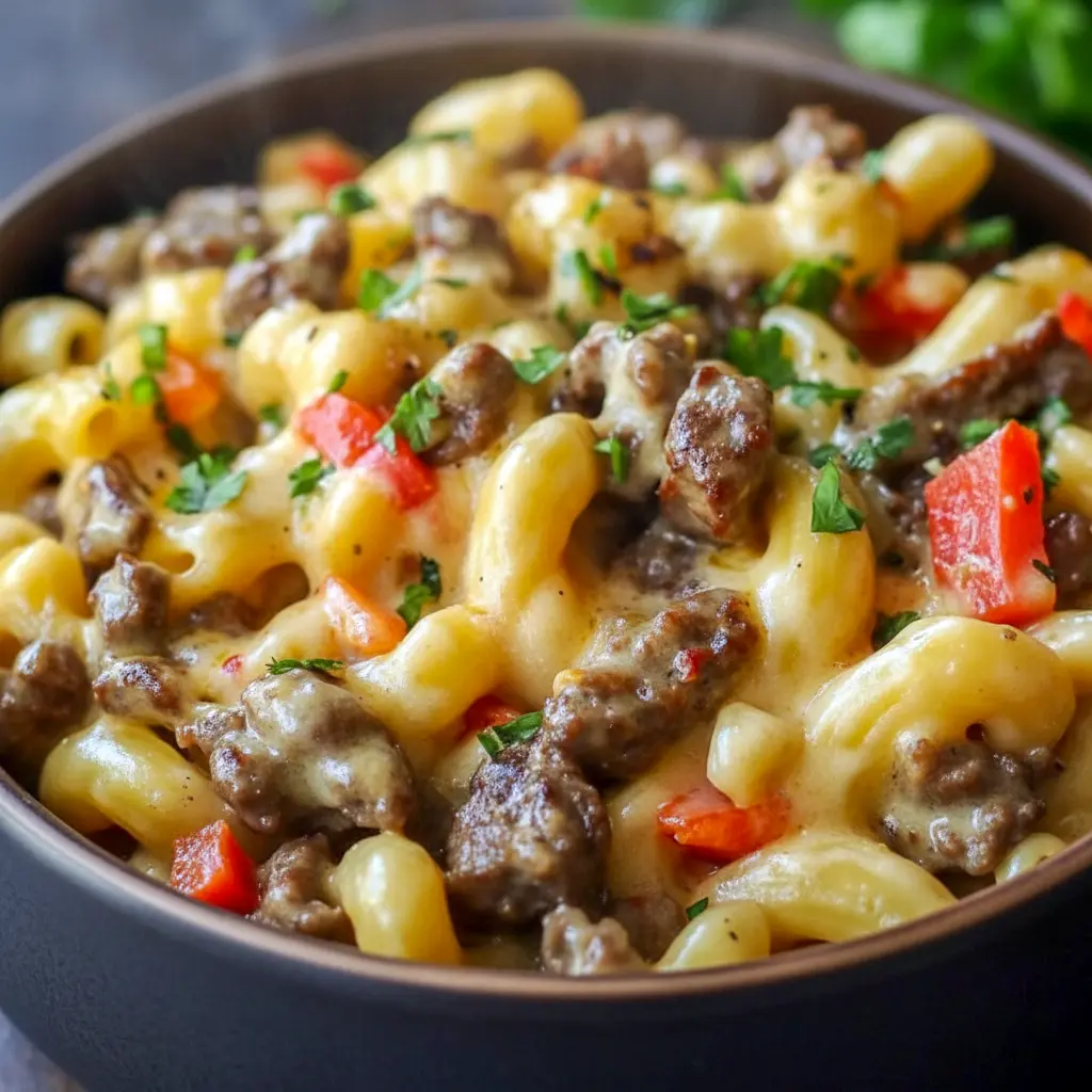 Golden skillet of Philly Cheesesteak Mac & Cheese with melted cheese, peppers, and beef — perfect for Easy Family Meal Prep.