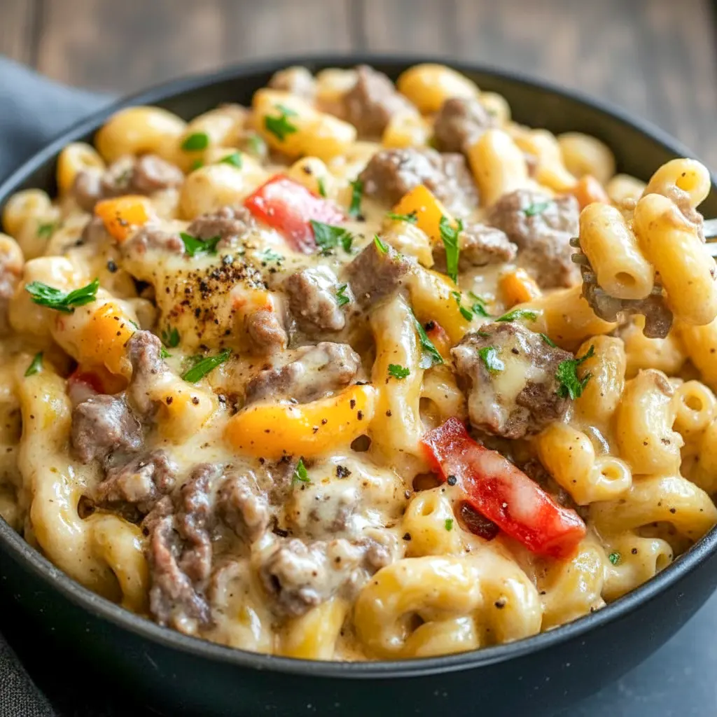Golden skillet of Philly Cheesesteak Mac & Cheese with melted cheese, peppers, and beef — perfect for Easy Family Meal Prep.