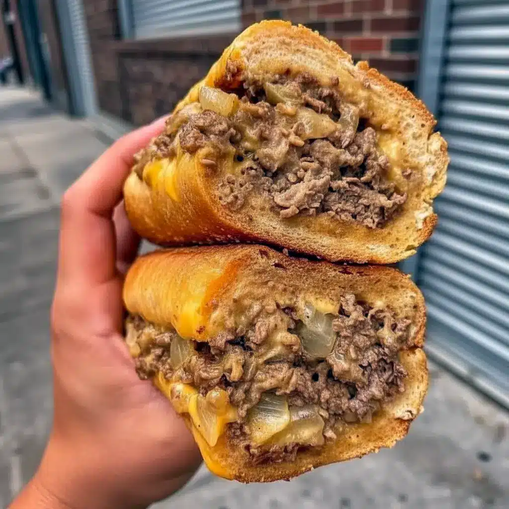 How To Make Philly Cheesesteak Sloppy Joes — close-up of melty provolone, seasoned ground beef, caramelized onions and bell peppers piled on a toasted brioche bun.