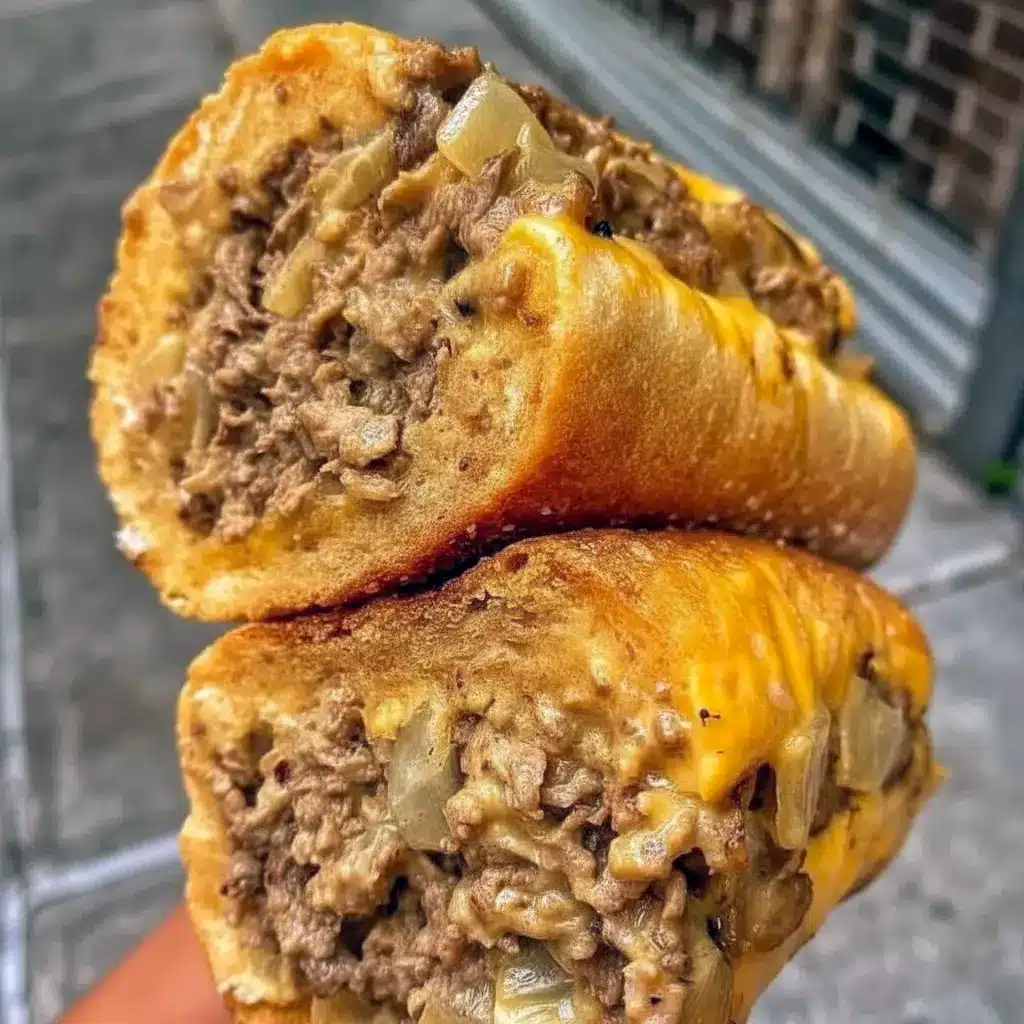 How To Make Philly Cheesesteak Sloppy Joes — close-up of melty provolone, seasoned ground beef, caramelized onions and bell peppers piled on a toasted brioche bun.