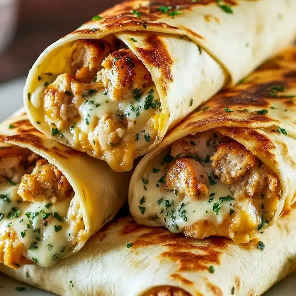 Diagonal-cut Cheesy Garlic Chicken Wrap with golden crust and gooey cheese pull — a hearty High Protein Dinner and perfect Low Carb Chicken Wrap for meal prep.