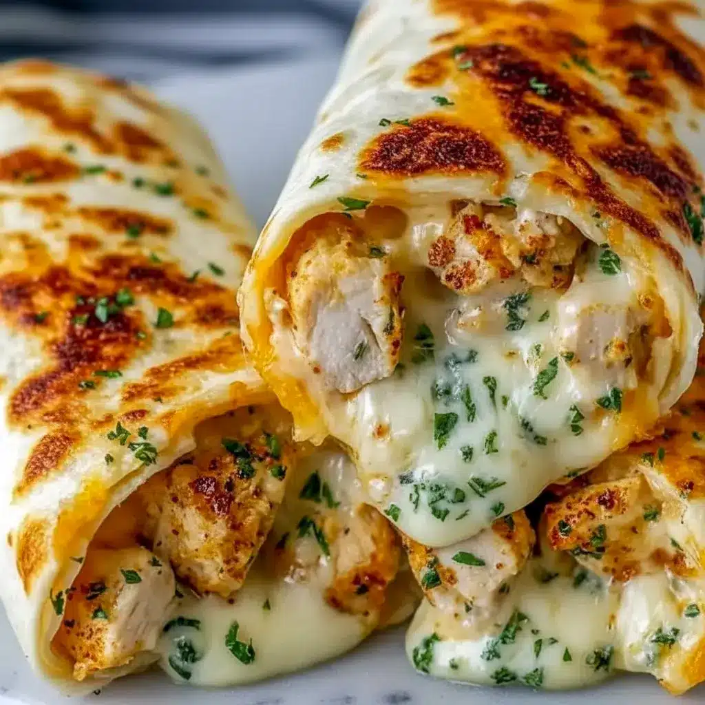 Diagonal-cut Cheesy Garlic Chicken Wrap with golden crust and gooey cheese pull — a hearty High Protein Dinner and perfect Low Carb Chicken Wrap for meal prep.