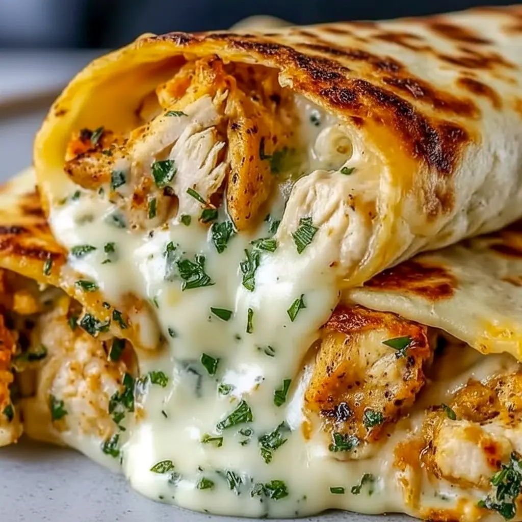 Diagonal-cut Cheesy Garlic Chicken Wrap with golden crust and gooey cheese pull — a hearty High Protein Dinner and perfect Low Carb Chicken Wrap for meal prep.