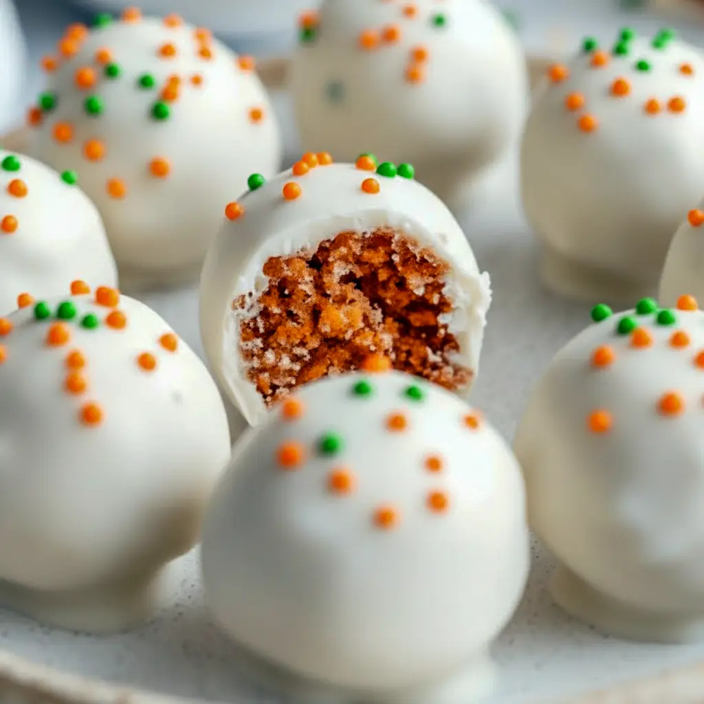 Close-up of glossy Mini Carrot Cake Truffles coated in white chocolate and sprinkled in orange and green — a charming Easter Snacks And Dessert and truly a Good Easter Dessert for spring.