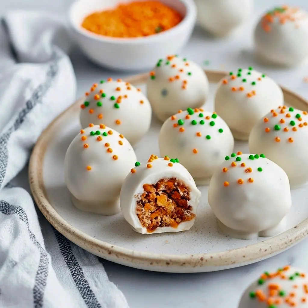 Close-up of glossy Mini Carrot Cake Truffles coated in white chocolate and sprinkled in orange and green — a charming Easter Snacks And Dessert and truly a Good Easter Dessert for spring.