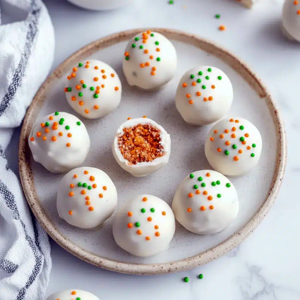 Close-up of glossy Mini Carrot Cake Truffles coated in white chocolate and sprinkled in orange and green — a charming Easter Snacks And Dessert and truly a Good Easter Dessert for spring.