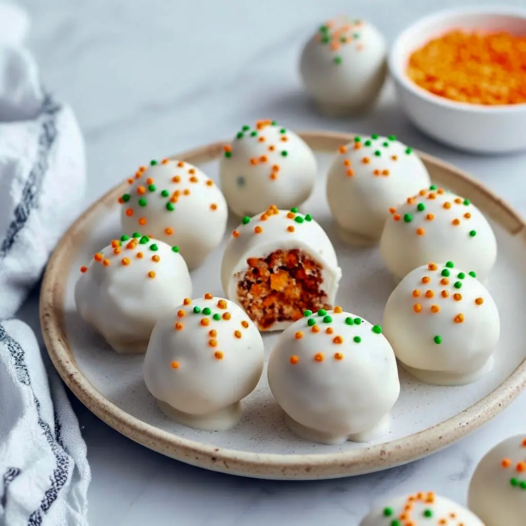 Close-up of glossy Mini Carrot Cake Truffles coated in white chocolate and sprinkled in orange and green — a charming Easter Snacks And Dessert and truly a Good Easter Dessert for spring.