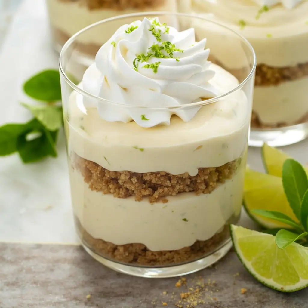 Close-up of No-Bake Key Lime Cheesecake Parfaits in glass jars: graham cracker base, pale green lime cheesecake filling, whipped cream, and a sprinkle of lime zest.
