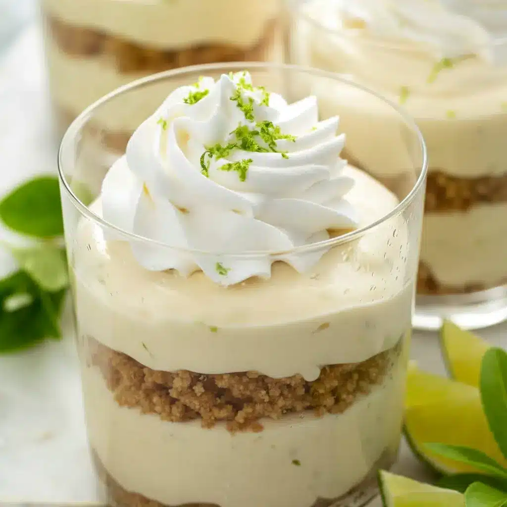 Close-up of No-Bake Key Lime Cheesecake Parfaits in glass jars: graham cracker base, pale green lime cheesecake filling, whipped cream, and a sprinkle of lime zest.