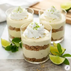 Close-up of No-Bake Key Lime Cheesecake Parfaits in glass jars: graham cracker base, pale green lime cheesecake filling, whipped cream, and a sprinkle of lime zest.