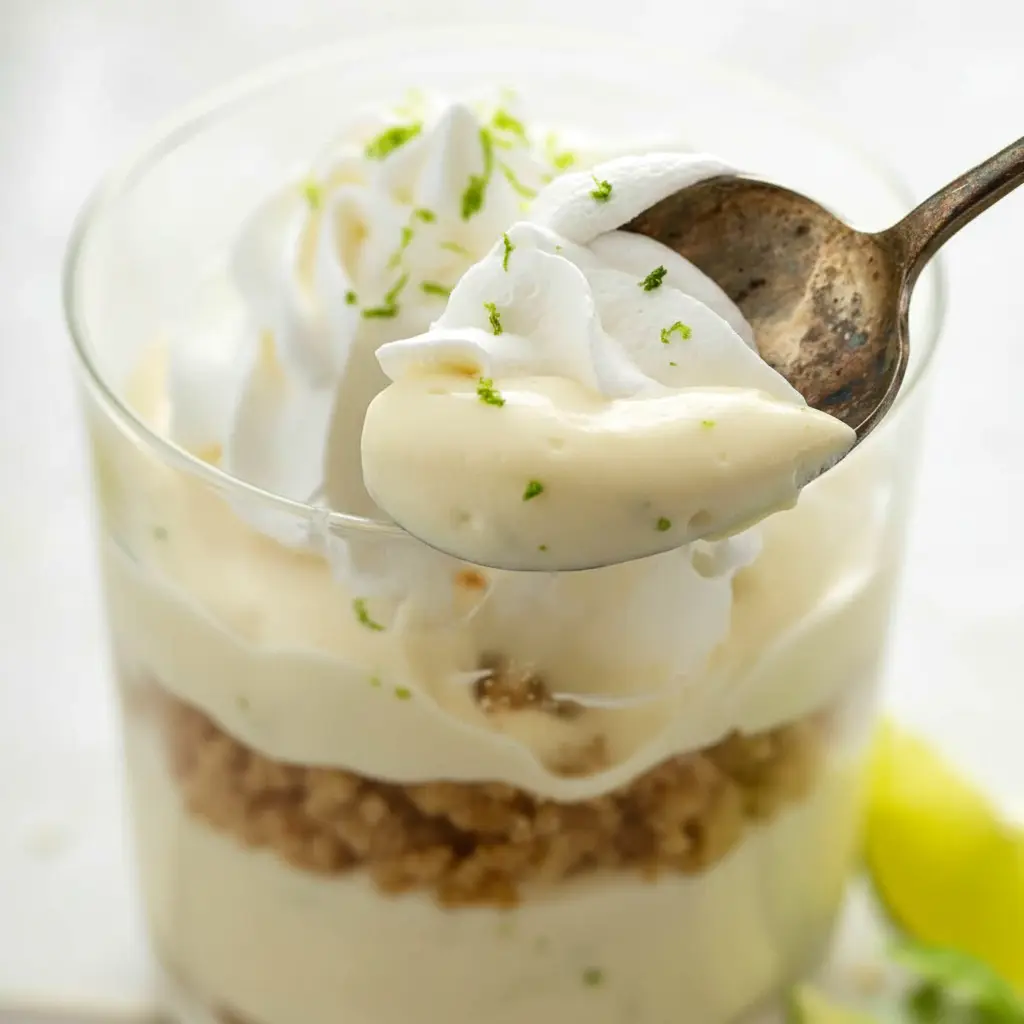 Close-up of No-Bake Key Lime Cheesecake Parfaits in glass jars: graham cracker base, pale green lime cheesecake filling, whipped cream, and a sprinkle of lime zest.