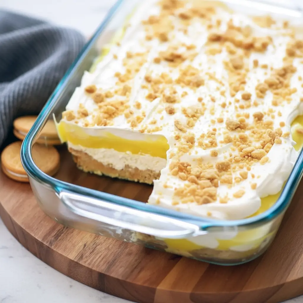 Slice of Lemon Oreo Dessert on a white plate: golden-Oreo crumb crust, bright yellow lemon pudding, and fluffy whipped topping dusted with cookie crumbs.