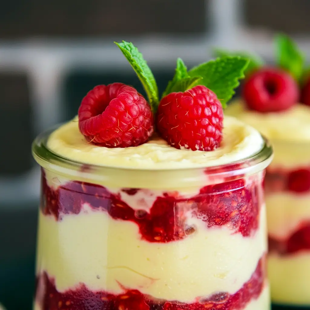 Lemon Raspberry Fluff in clear jars — layered lemon cream and smashed raspberries, topped with mint; a bright, no-bake Dessert With Fresh Fruit ideal for parties and picnics.