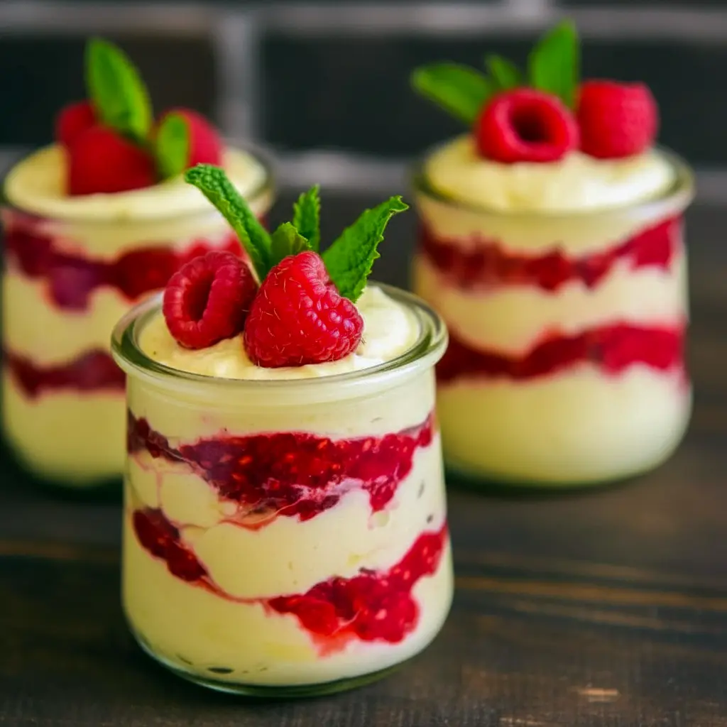 Lemon Raspberry Fluff in clear jars — layered lemon cream and smashed raspberries, topped with mint; a bright, no-bake Dessert With Fresh Fruit ideal for parties and picnics.