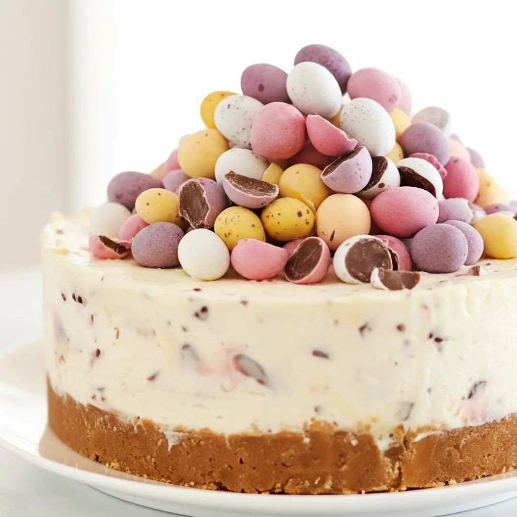 Slice of No-Bake Mini Egg Cheesecake on a white plate: crunchy biscuit base, creamy cheesecake center, and colorful Mini Eggs piled on top.
