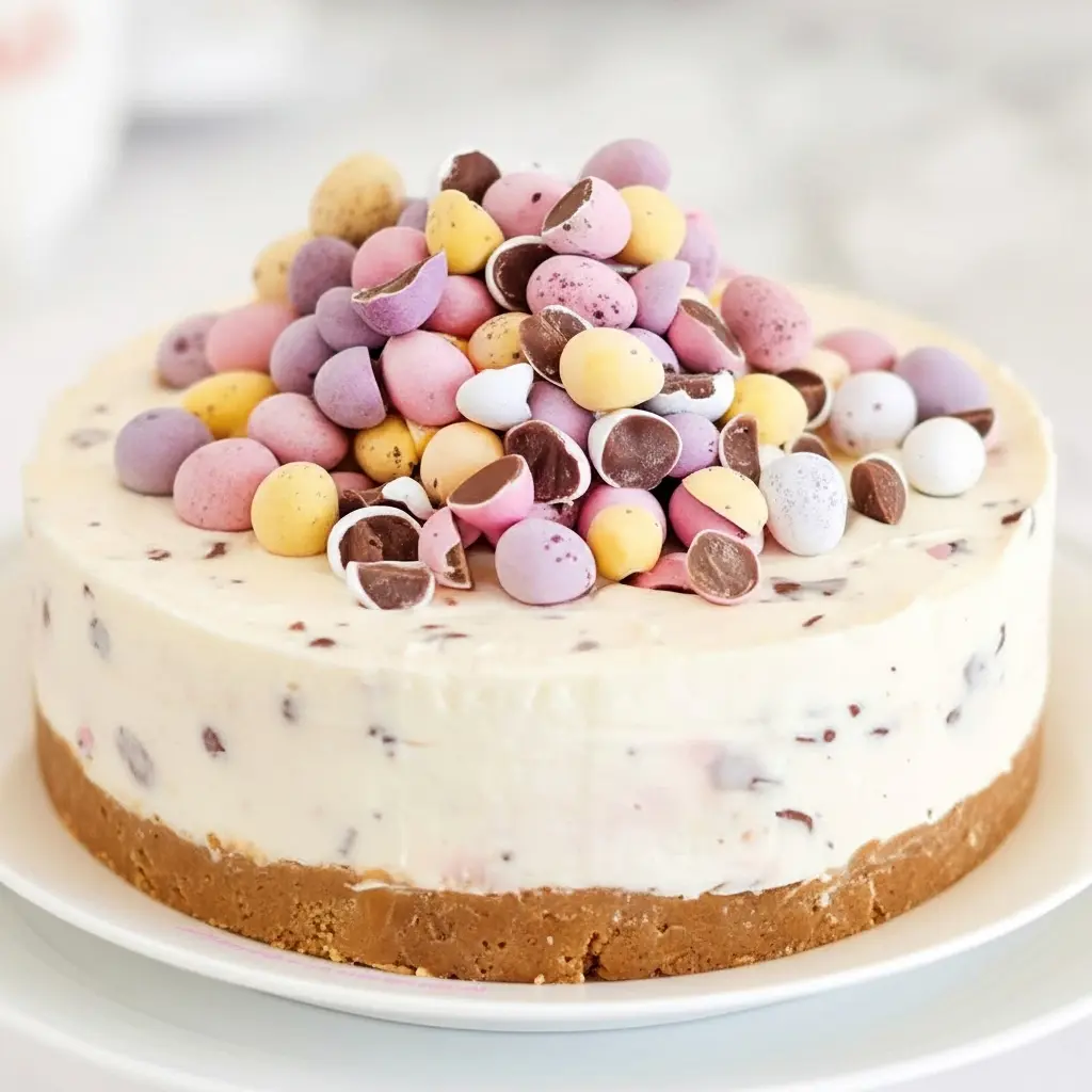 Slice of No-Bake Mini Egg Cheesecake on a white plate: crunchy biscuit base, creamy cheesecake center, and colorful Mini Eggs piled on top.