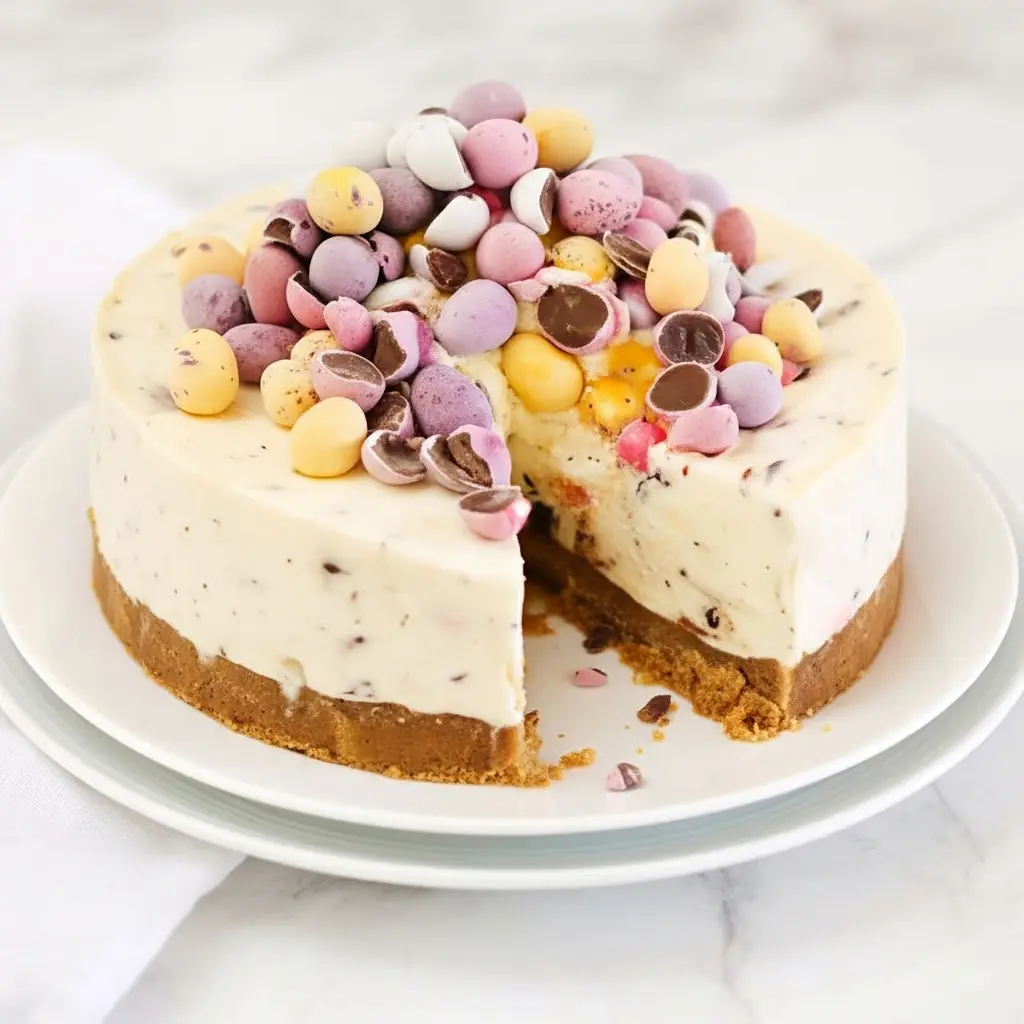 Slice of No-Bake Mini Egg Cheesecake on a white plate: crunchy biscuit base, creamy cheesecake center, and colorful Mini Eggs piled on top.