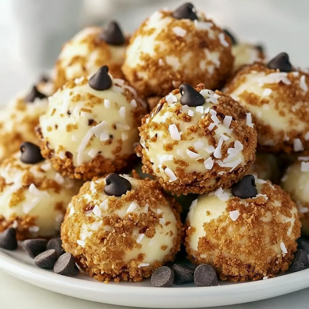 Moose Farts Cookie Recipe — close-up of chilled no-bake coconut, graham, and chocolate balls on a platter, ideal New Years Dessert for holiday trays.