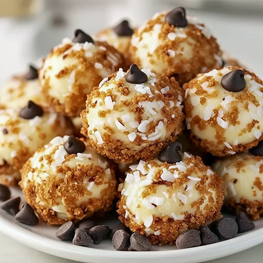 Moose Farts Cookie Recipe — close-up of chilled no-bake coconut, graham, and chocolate balls on a platter, ideal New Years Dessert for holiday trays.