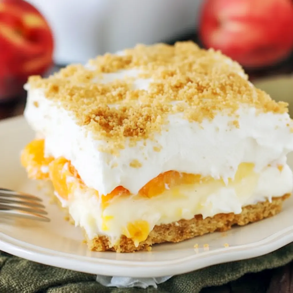 Close-up of No-Bake Peach Yum Yum in a glass dish: golden graham crust, fluffy cream-cheese layers, glossy peach pie filling, and a light sprinkle of crumbs.