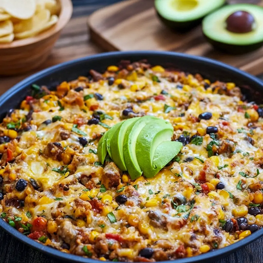 Overhead shot of a Taco Rice Skillet in a cast-iron pan topped with sliced avocado, cilantro, and crushed tortilla chips.