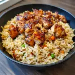 A mouthwatering Easy Supper Idea: overhead shot of One-Pan Honey BBQ Chicken Rice — glazed chicken pieces on a bed of fluffy rice with colorful mixed vegetables and a sprinkle of green onions.