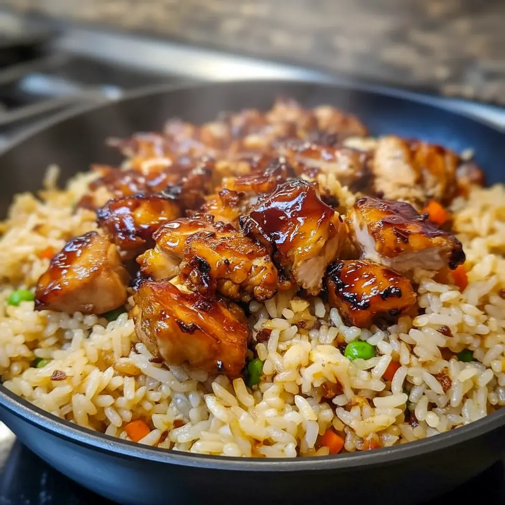 A mouthwatering Easy Supper Idea: overhead shot of One-Pan Honey BBQ Chicken Rice — glazed chicken pieces on a bed of fluffy rice with colorful mixed vegetables and a sprinkle of green onions.