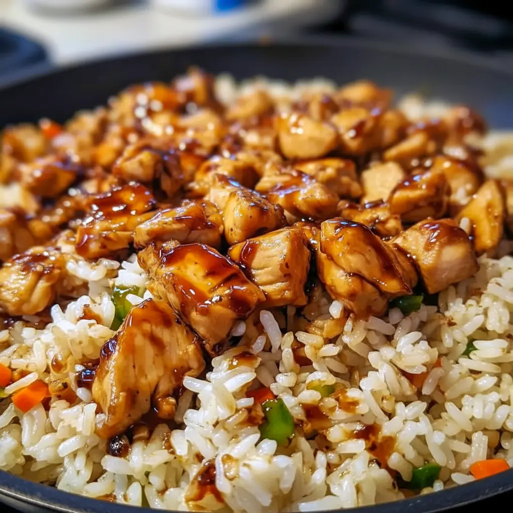 A mouthwatering Easy Supper Idea: overhead shot of One-Pan Honey BBQ Chicken Rice — glazed chicken pieces on a bed of fluffy rice with colorful mixed vegetables and a sprinkle of green onions.