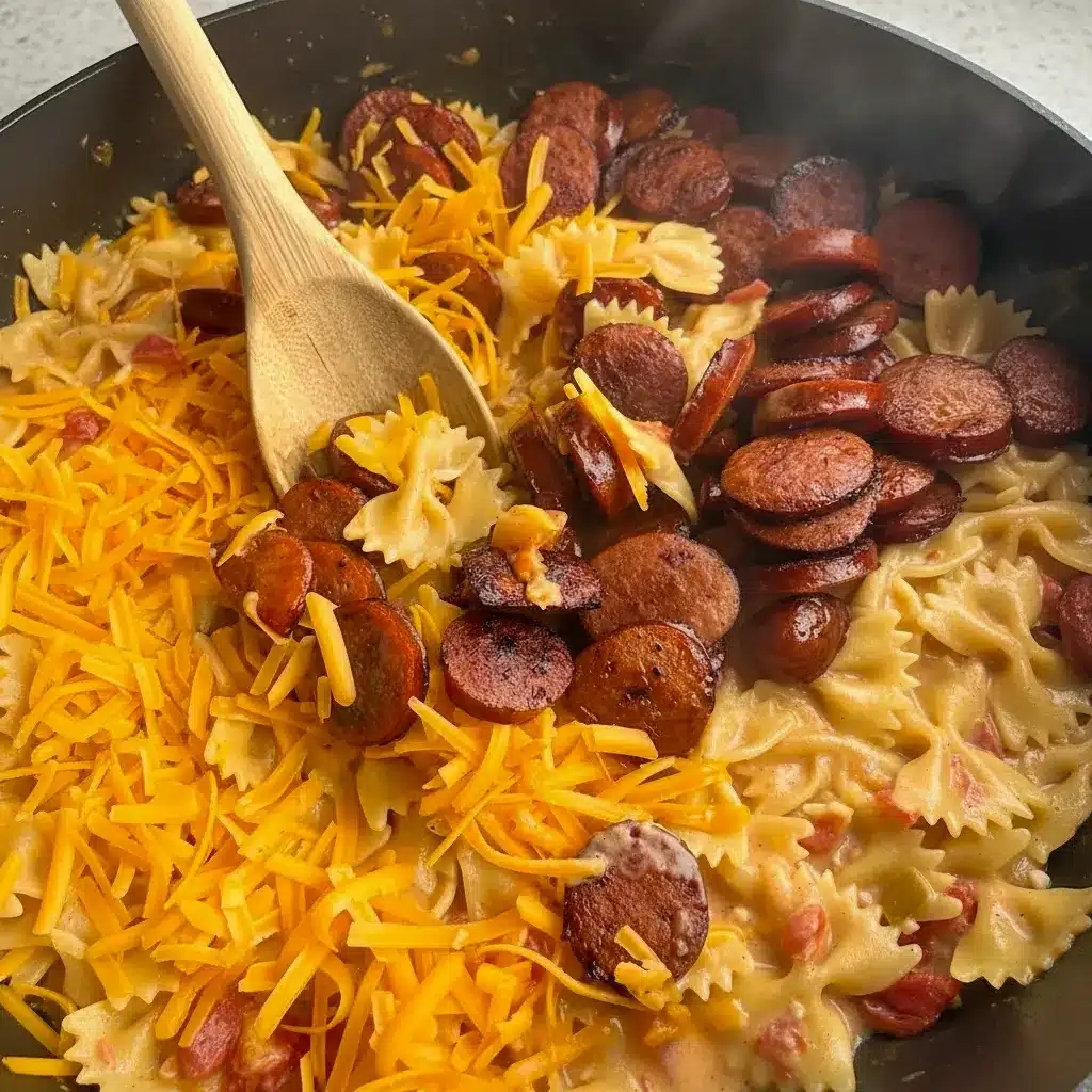 Easy Smoked Sausage Pasta — one-pot creamy Cajun bowtie pasta with browned smoked sausage rounds, diced tomatoes with chiles, and gooey cheddar in a skillet.
