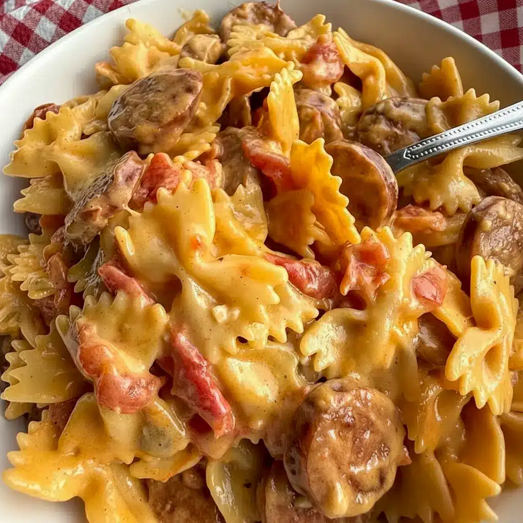 Easy Smoked Sausage Pasta — one-pot creamy Cajun bowtie pasta with browned smoked sausage rounds, diced tomatoes with chiles, and gooey cheddar in a skillet.