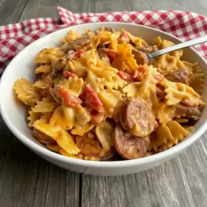 Easy Smoked Sausage Pasta — one-pot creamy Cajun bowtie pasta with browned smoked sausage rounds, diced tomatoes with chiles, and gooey cheddar in a skillet.