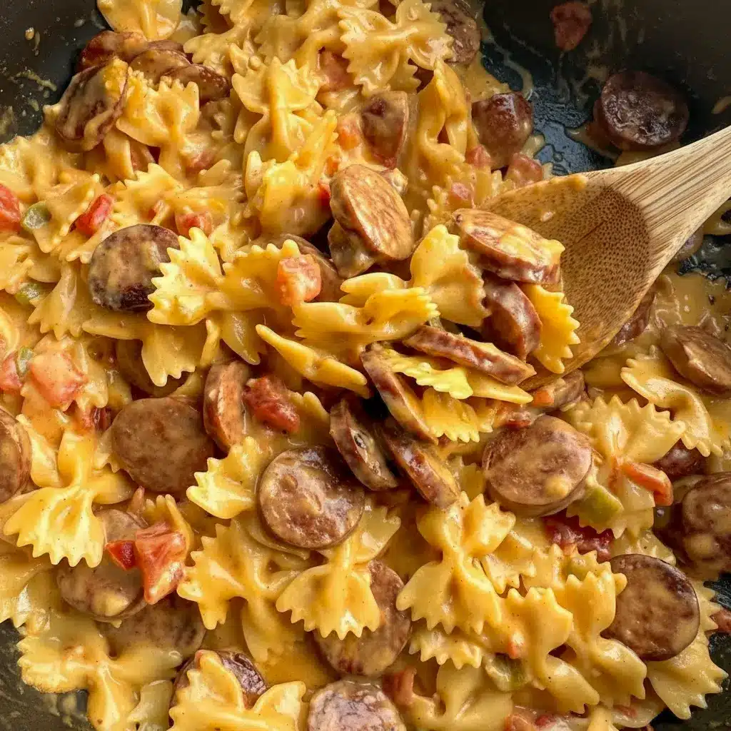Easy Smoked Sausage Pasta — one-pot creamy Cajun bowtie pasta with browned smoked sausage rounds, diced tomatoes with chiles, and gooey cheddar in a skillet.