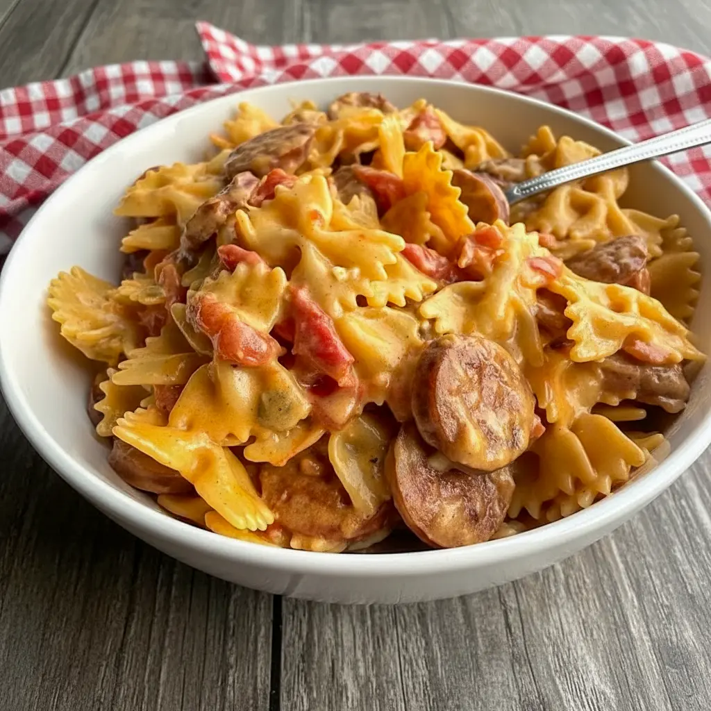 Easy Smoked Sausage Pasta — one-pot creamy Cajun bowtie pasta with browned smoked sausage rounds, diced tomatoes with chiles, and gooey cheddar in a skillet.