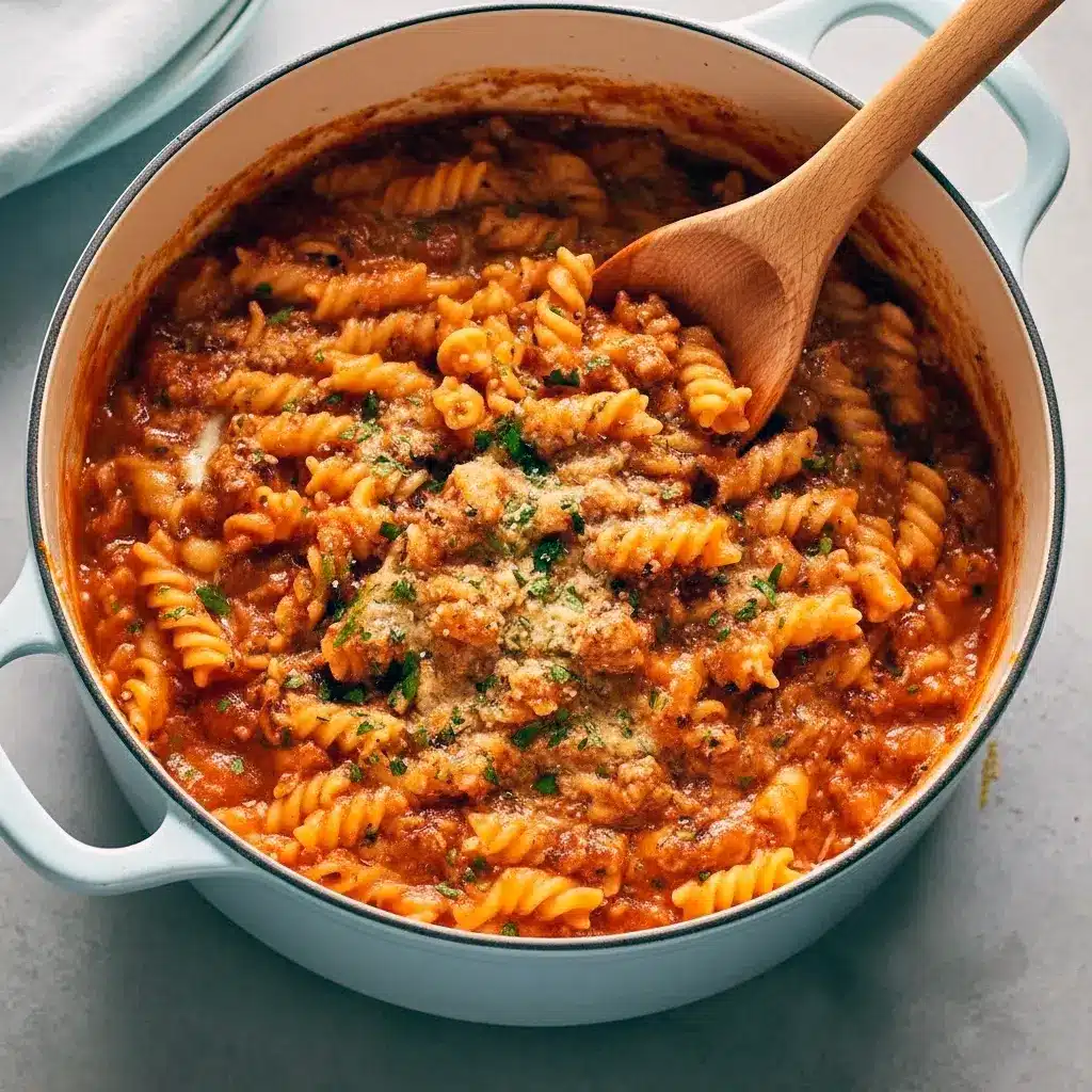 Bowl of saucy one-pot pasta topped with grated Parmesan and parsley — an Easy Dinner To Make With Ground Beef and a go-to for Tasty Easy Dinners.