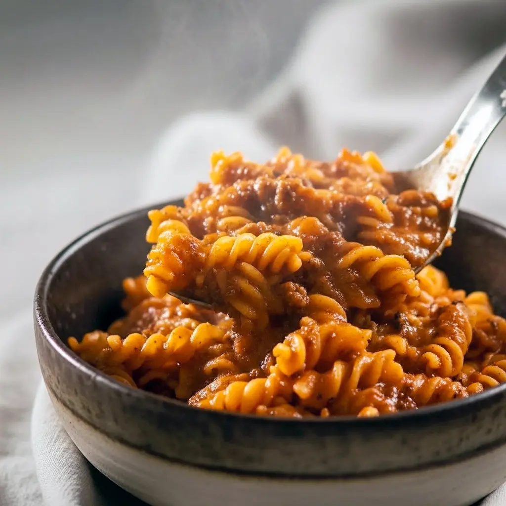 Bowl of saucy one-pot pasta topped with grated Parmesan and parsley — an Easy Dinner To Make With Ground Beef and a go-to for Tasty Easy Dinners.
