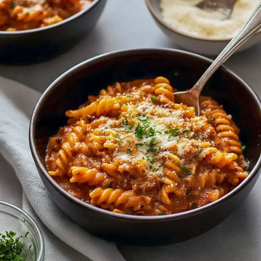 Bowl of saucy one-pot pasta topped with grated Parmesan and parsley — an Easy Dinner To Make With Ground Beef and a go-to for Tasty Easy Dinners.