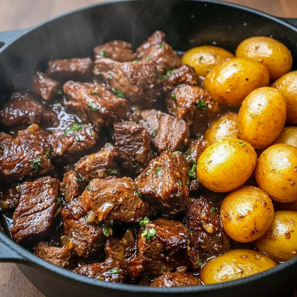 Close-up of Easy Crockpot Dinner: glossy garlic-butter beef bites and golden halved potatoes on a plate, sprinkled with parsley.
