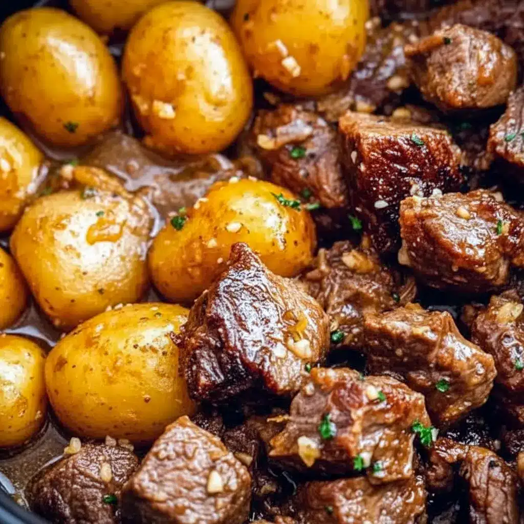 Close-up of Easy Crockpot Dinner: glossy garlic-butter beef bites and golden halved potatoes on a plate, sprinkled with parsley.