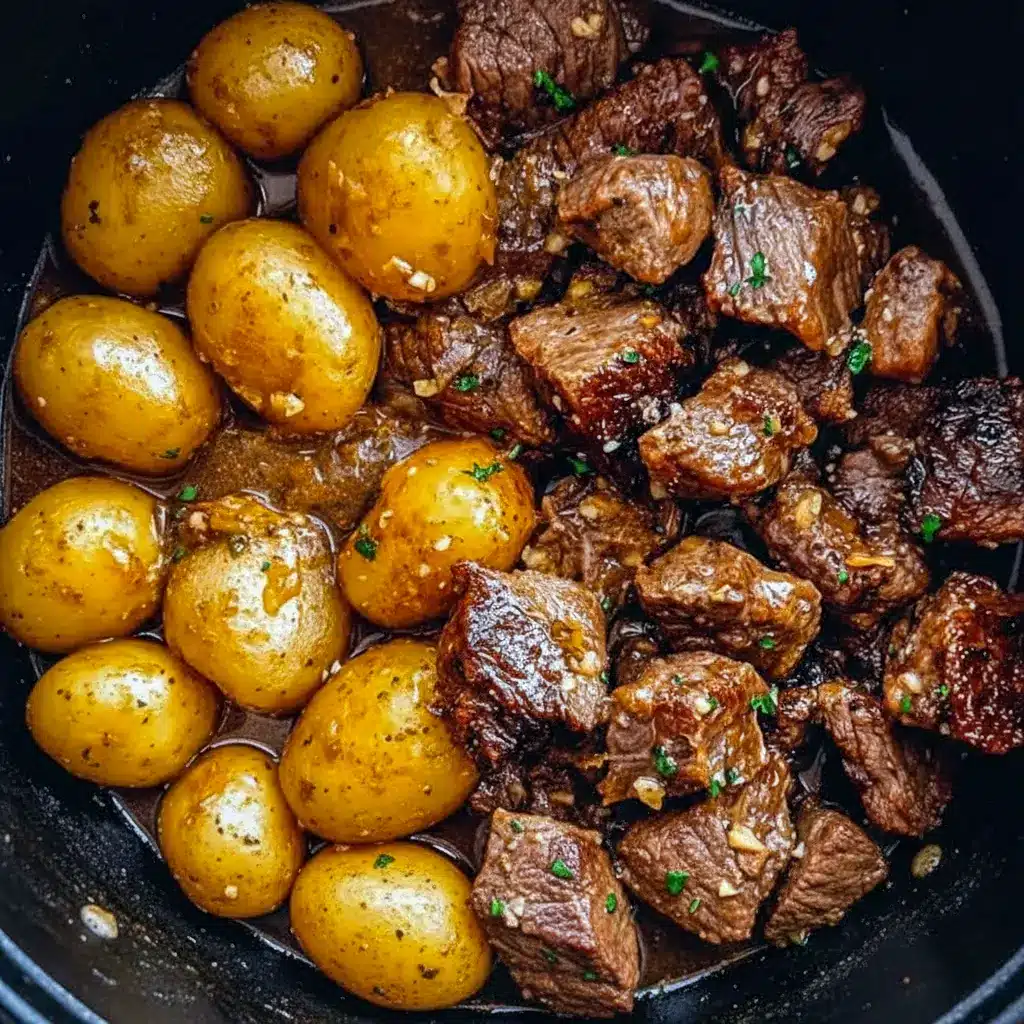 Close-up of Easy Crockpot Dinner: glossy garlic-butter beef bites and golden halved potatoes on a plate, sprinkled with parsley.