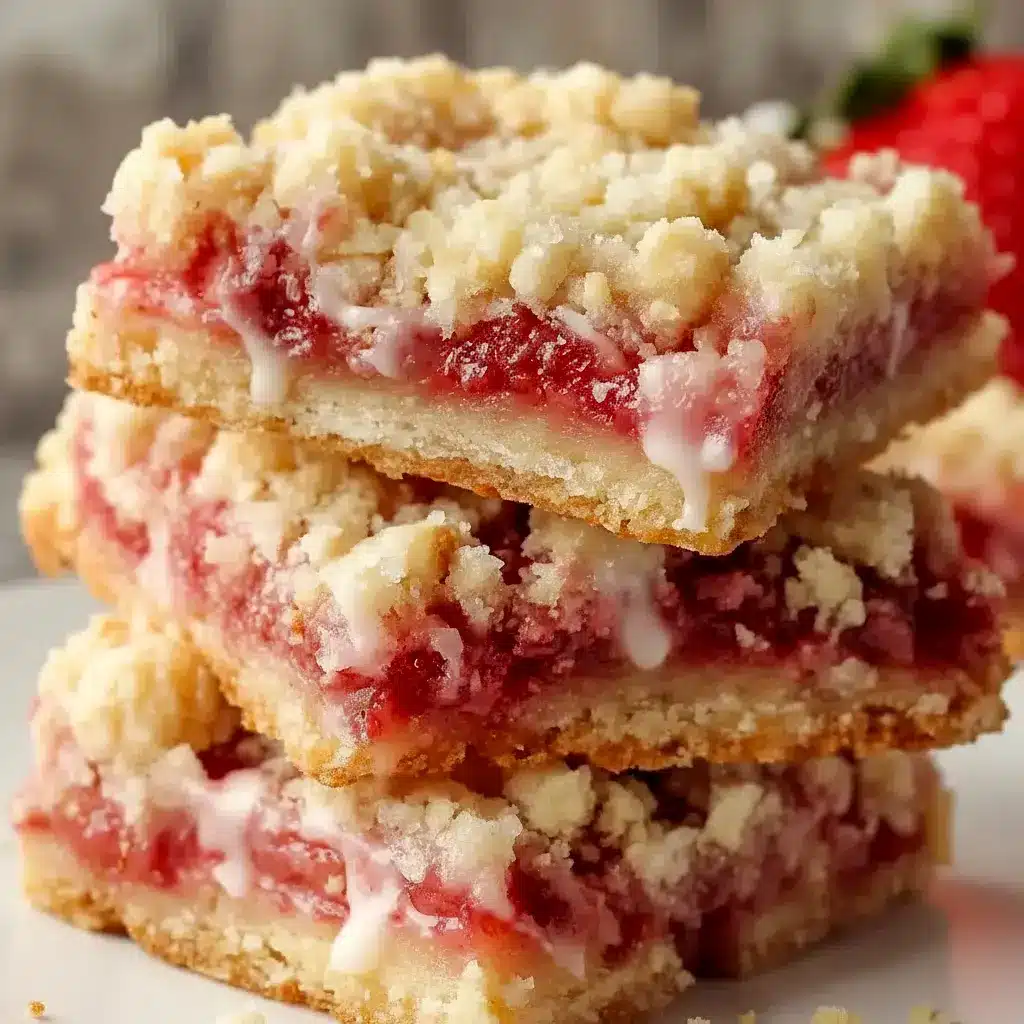 Strawberry Shortcake Bars — sliced bars with golden buttery crust, bright strawberry filling, and a smooth vanilla glaze on a serving platter.