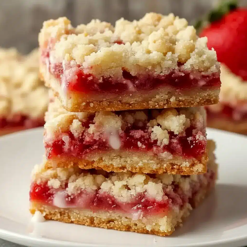 Strawberry Shortcake Bars — sliced bars with golden buttery crust, bright strawberry filling, and a smooth vanilla glaze on a serving platter.