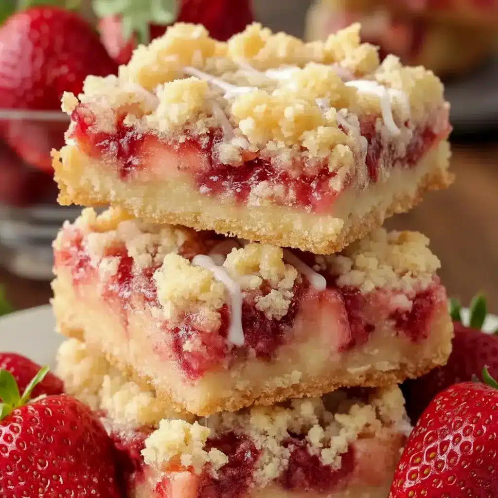 Strawberry Shortcake Bars — sliced bars with golden buttery crust, bright strawberry filling, and a smooth vanilla glaze on a serving platter.