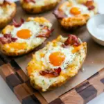 Breakfast To Impress: close-up of a twice-baked potato halved, filled with cheesy mashed potato, a baked egg, and bacon bits, on a wooden board.