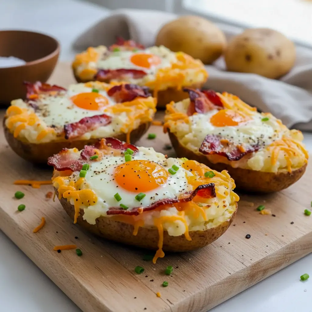 Breakfast To Impress: close-up of a twice-baked potato halved, filled with cheesy mashed potato, a baked egg, and bacon bits, on a wooden board.